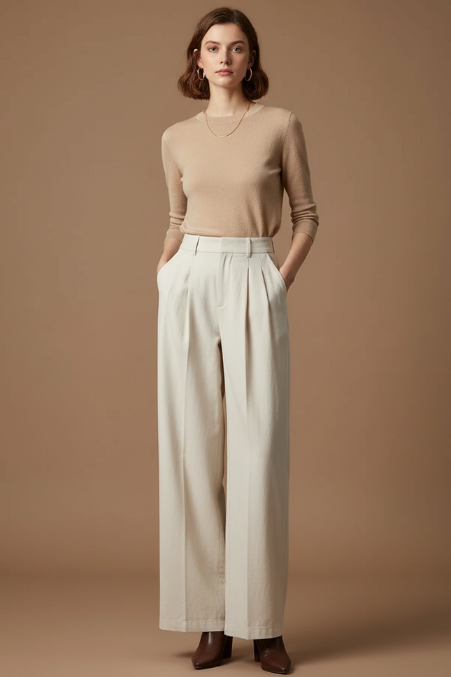 Pantalon À Pince Crème Plissé Ample Décontracté Femme - Beige Toile