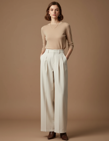 Pantalon À Pince Crème Plissé Ample Décontracté Femme - Beige Toile