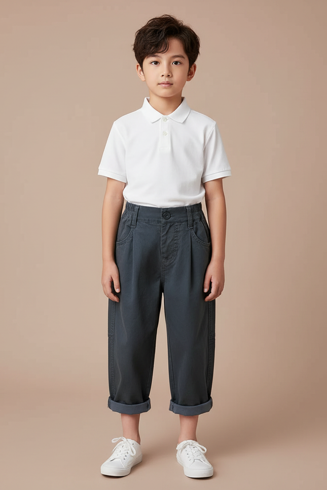 Pantalon À Pince Gris Ample Plissé Décontracté Enfant Garçon - Gabardine
