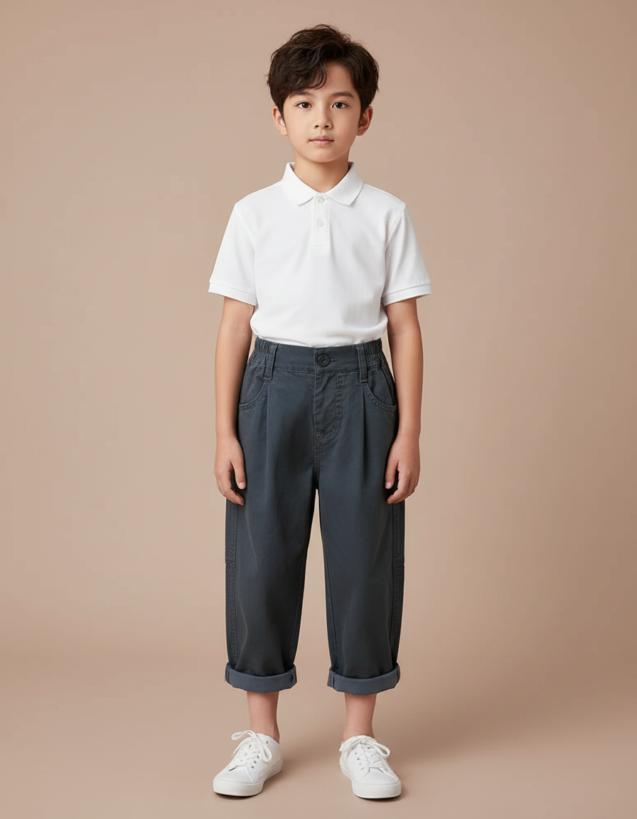 Pantalon À Pince Gris Ample Plissé Décontracté Enfant Garçon - Gabardine