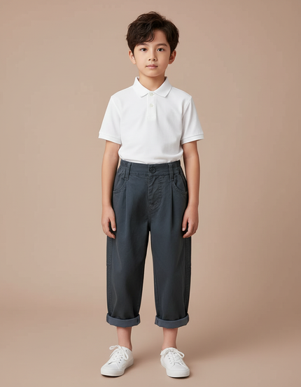 Pantalon À Pince Gris Ample Plissé Décontracté Enfant Garçon - Gabardine