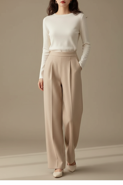 Pantalon À Pince Beige Ample Taille Haute Élégant - Laine