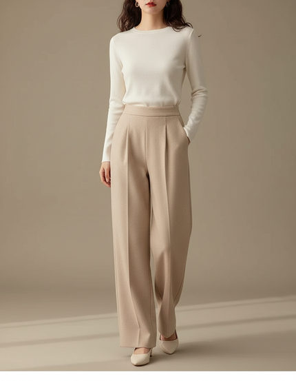 Pantalon À Pince Beige Ample Taille Haute Élégant - Laine
