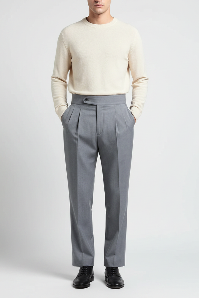 Pantalon À Pince Gris Plissé Droit Élégant Homme - Gabardine
