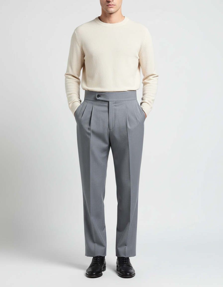 Pantalon À Pince Gris Plissé Droit Élégant Homme - Gabardine