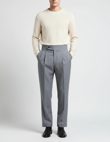 Pantalon À Pince Gris Plissé Droit Élégant Homme - Gabardine