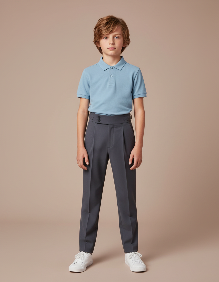 Pantalon À Pince Gris Foncé Élégant Plissé Enfant - Gabardine
