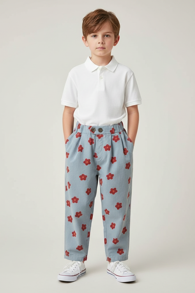 Pantalon À Pince Bleu Ciel Fleurs Rouges Ample Coton - Imprimé