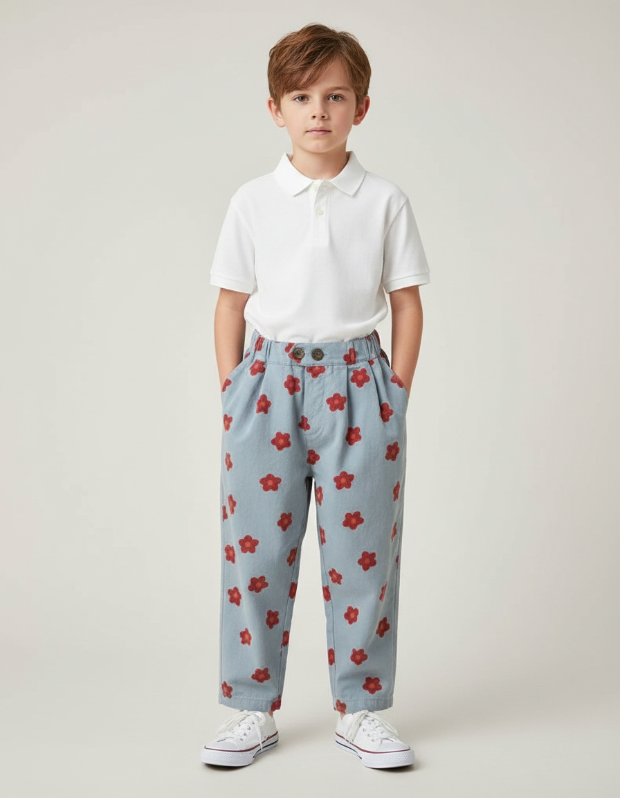 Pantalon À Pince Bleu Ciel Fleurs Rouges Ample Coton - Imprimé