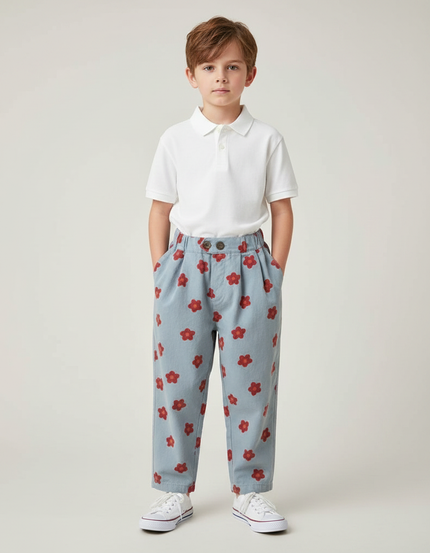 Pantalon À Pince Bleu Ciel Fleurs Rouges Ample Coton - Imprimé