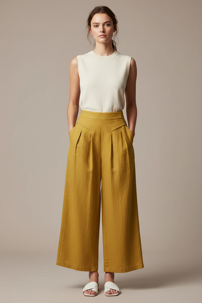 Pantalon À Pince Jaune Moutarde Ample Plissé Fluide Femme - Lin