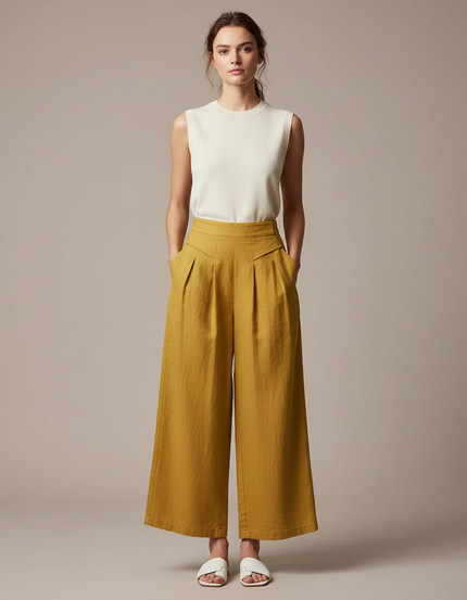Pantalon À Pince Jaune Moutarde Ample Plissé Fluide Femme - Lin