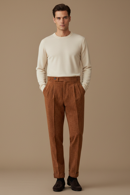 Pantalon À Pince Marron Plissé Velours Côtelé Homme - Cordé
