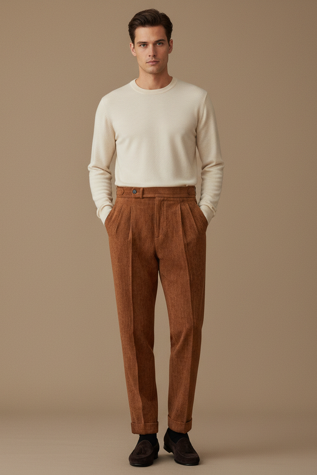 Pantalon À Pince Marron Plissé Velours Côtelé Homme - Cordé