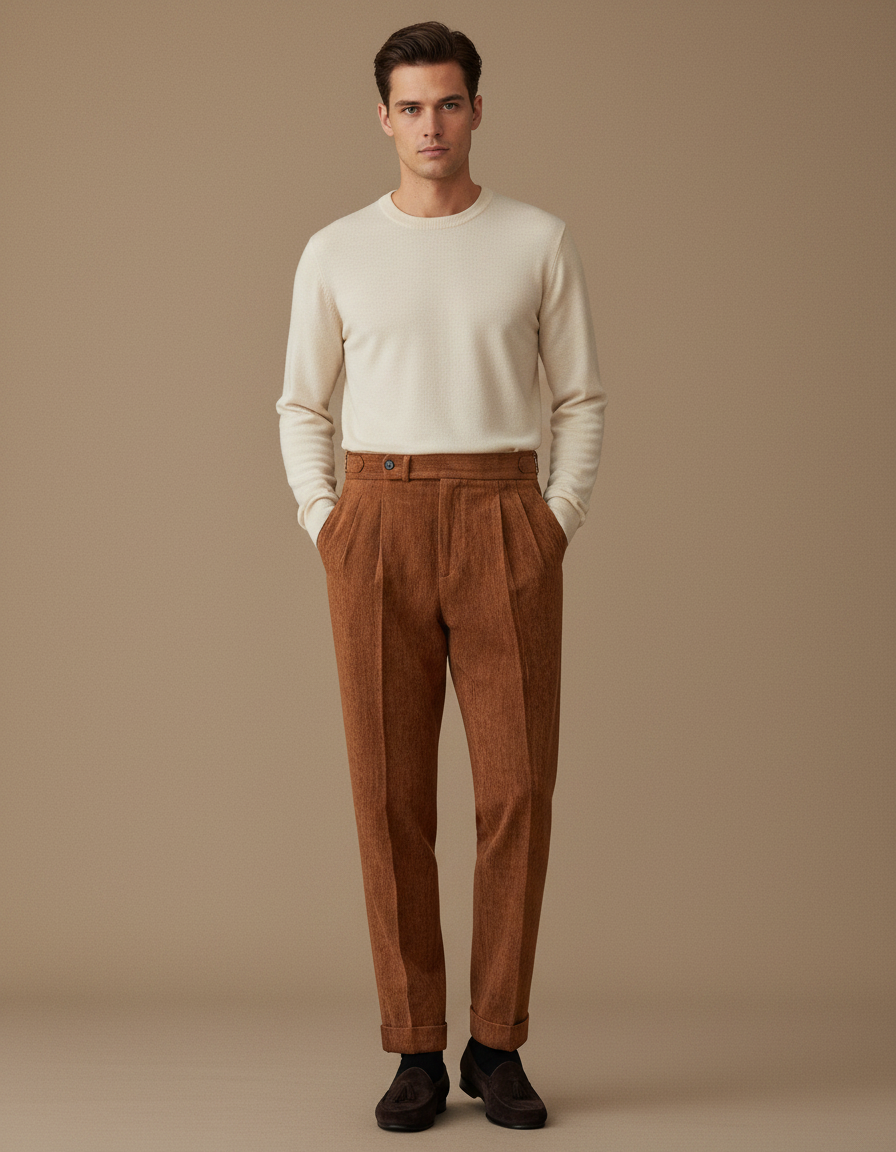 Pantalon À Pince Marron Plissé Velours Côtelé Homme - Cordé