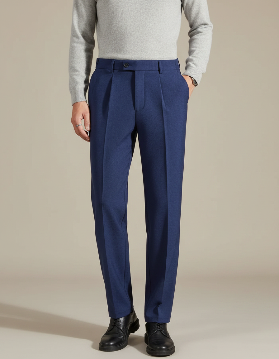 Pantalon À Pince Bleu Marine Plissé Droit Homme Élégant - Gabardine