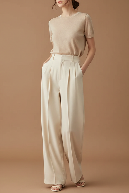 Pantalon À Pince Crème Fluide Ample Élégant Femme - Beige Viscose