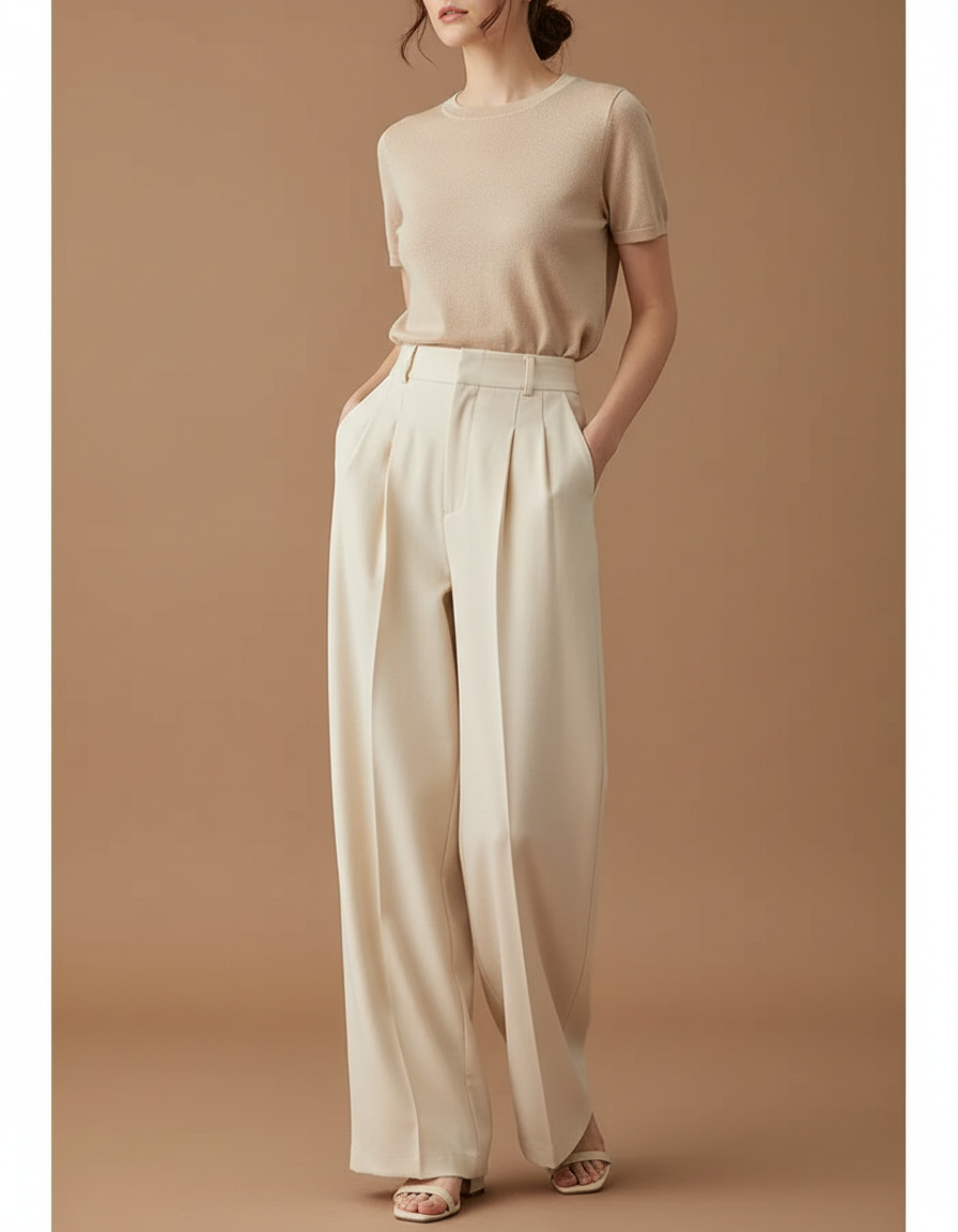 Pantalon À Pince Crème Fluide Ample Élégant Femme - Beige Viscose