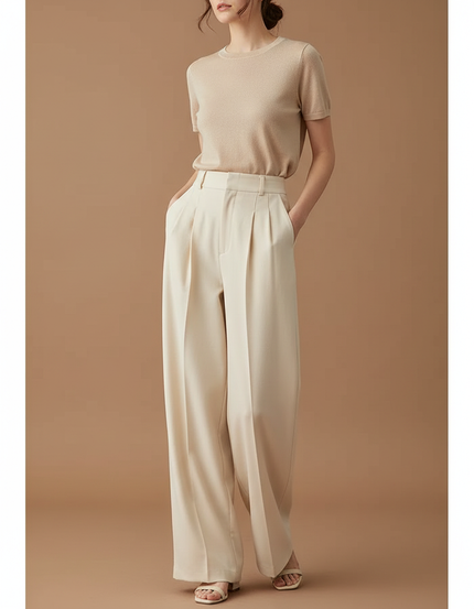 Pantalon À Pince Crème Fluide Ample Élégant Femme - Beige Viscose