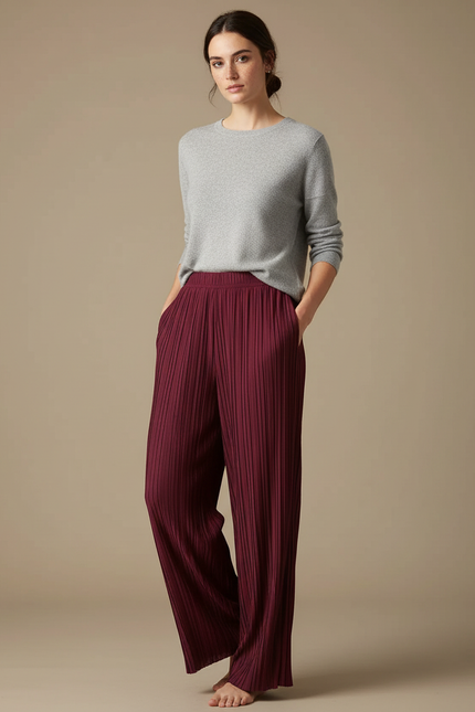 Pantalon À Pince Plissé Fluide Bordeaux Ample Élégant - Polyester