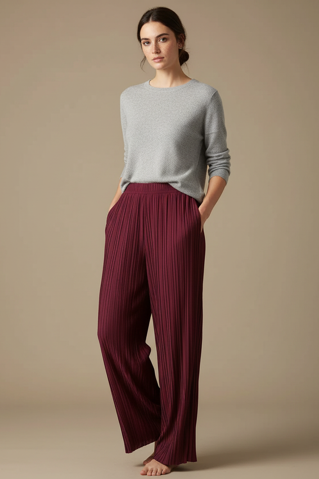 Pantalon À Pince Plissé Fluide Bordeaux Ample Élégant - Polyester