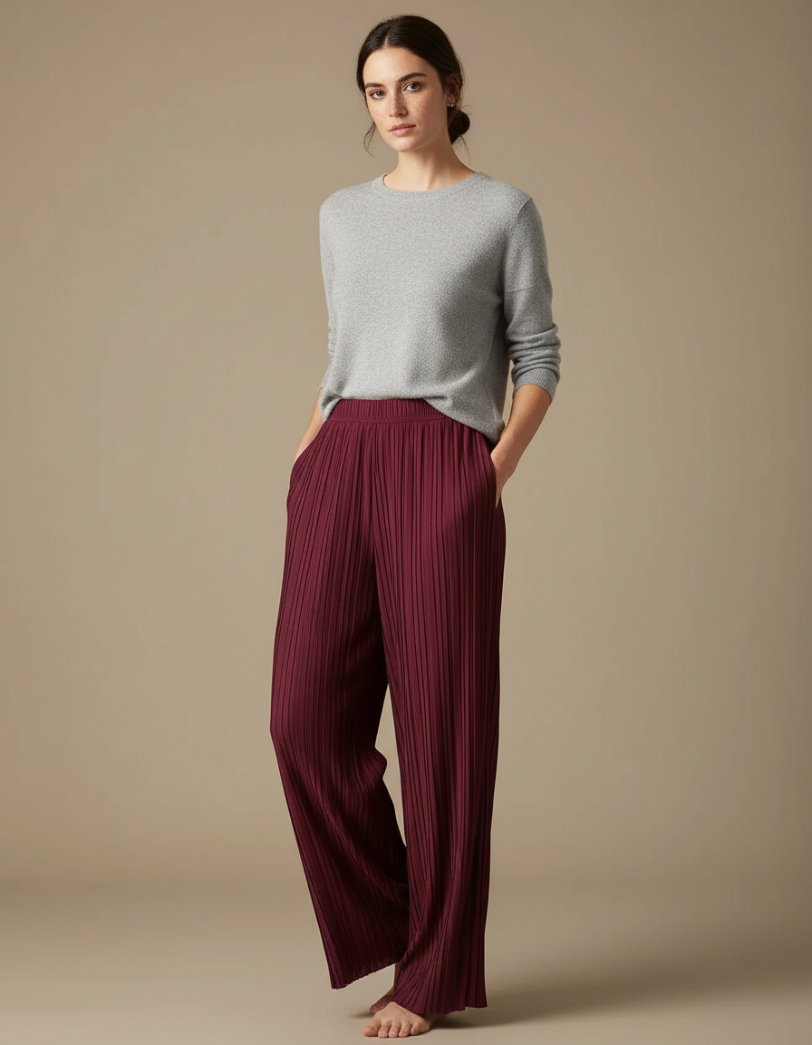 Pantalon À Pince Plissé Fluide Bordeaux Ample Élégant - Polyester