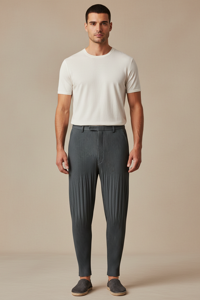 Pantalon À Pince Plissé Gris Anthracite Ample Décontracté Homme - Maille