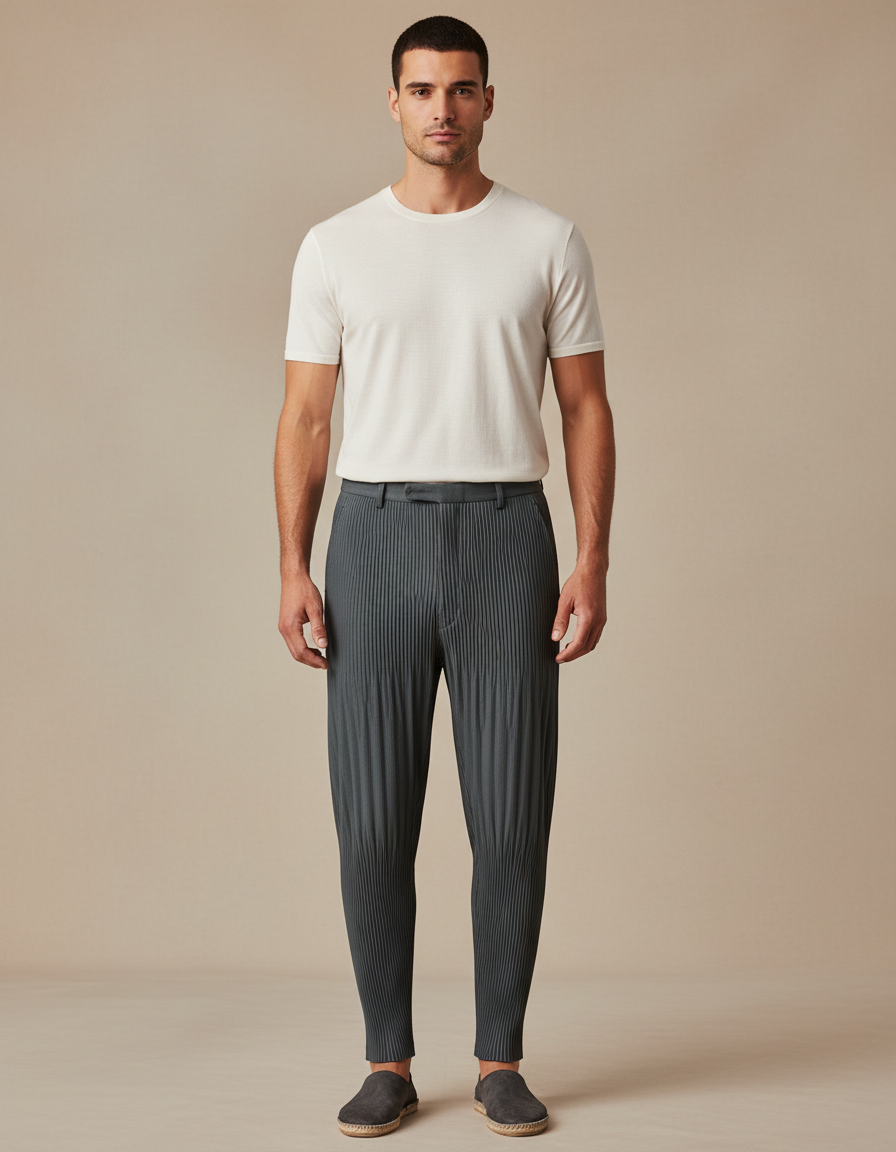 Pantalon À Pince Plissé Gris Anthracite Ample Décontracté Homme - Maille