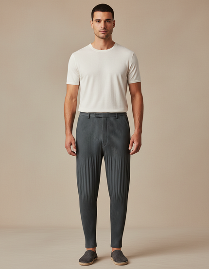 Pantalon À Pince Plissé Gris Anthracite Ample Décontracté Homme - Maille