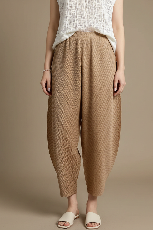 Pantalon À Pince Plissé Beige Ample Décontracté Fluide - Polyester