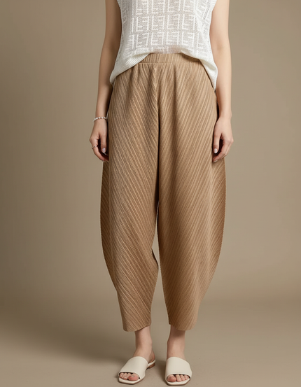 Pantalon À Pince Plissé Beige Ample Décontracté Fluide - Polyester