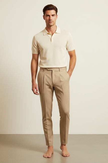 Pantalon À Pince Beige Slim Plissé Homme Chic - Laine