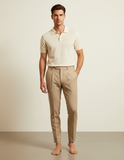 Pantalon À Pince Beige Slim Plissé Homme Chic - Laine