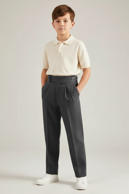Pantalon À Pince Gris Foncé Droit Plissé Élégant Garçon - Laine