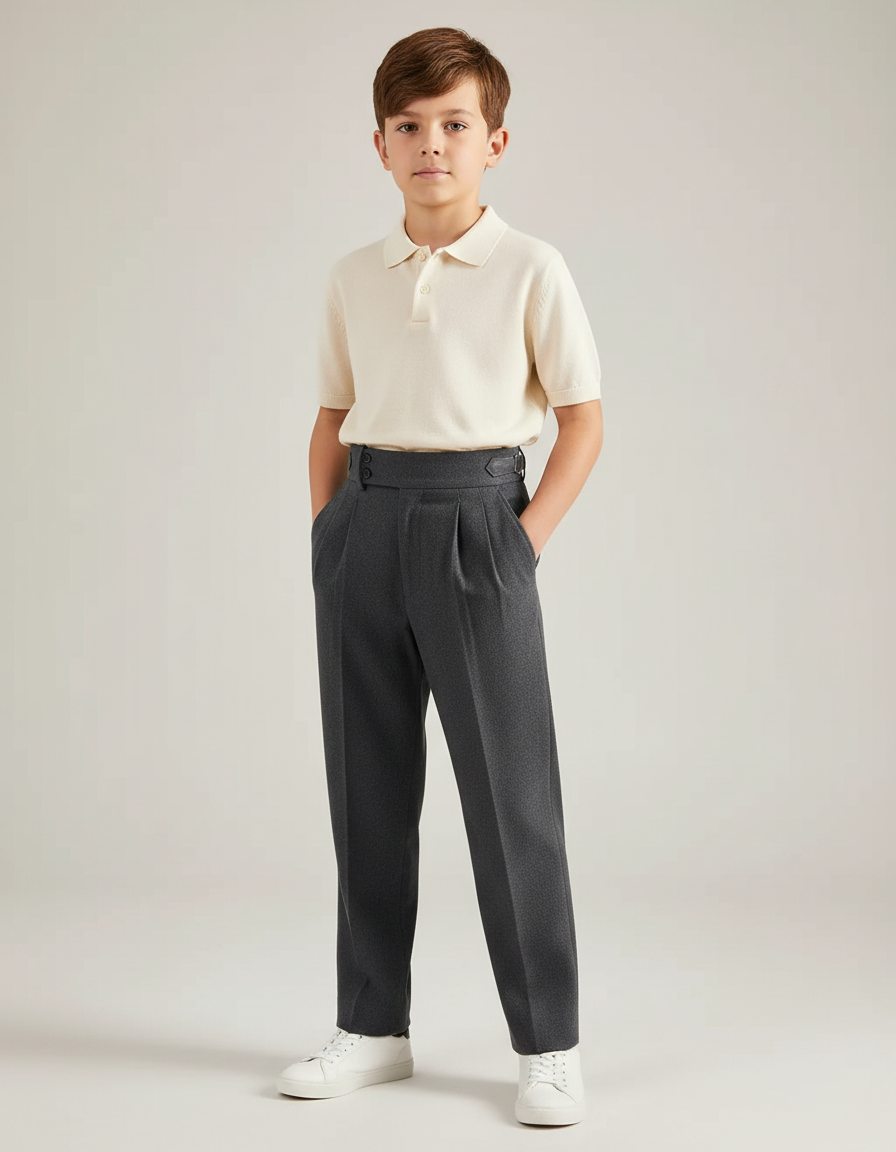 Pantalon À Pince Gris Foncé Droit Plissé Élégant Garçon - Laine