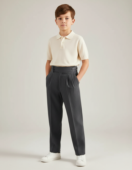 Pantalon À Pince Gris Foncé Droit Plissé Élégant Garçon - Laine