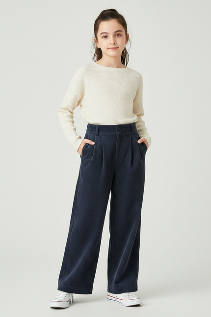 Pantalon À Pince Bleu Marine Côtelé Ample Décontracté - Cordé