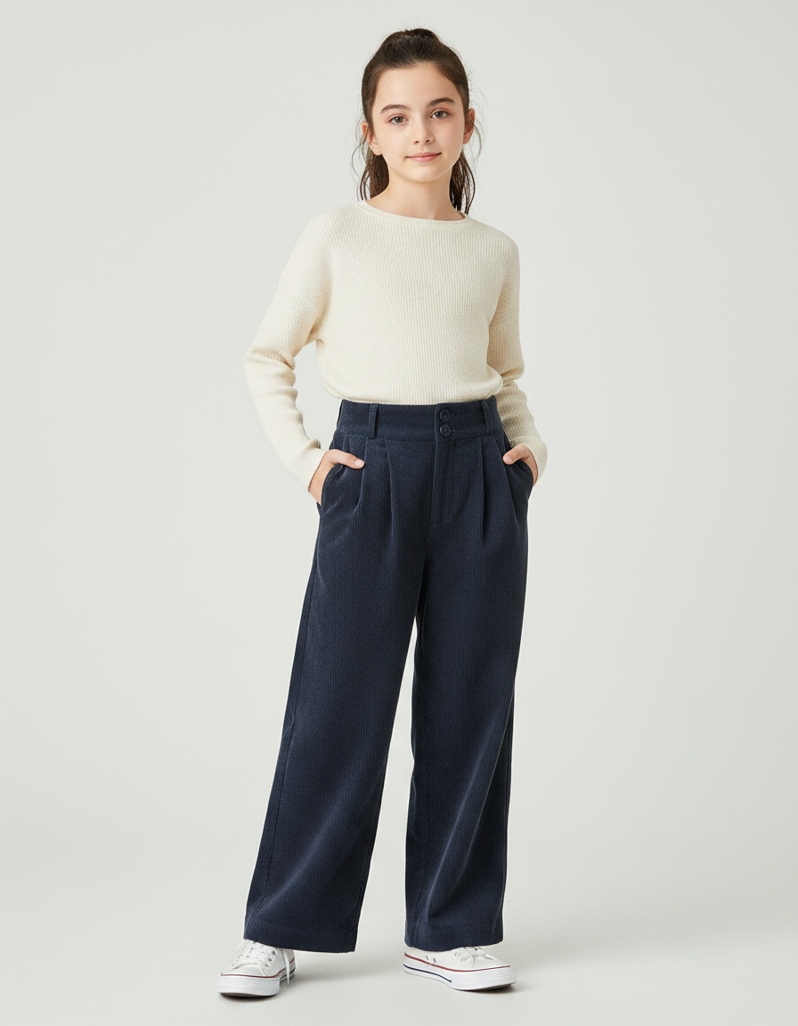Pantalon À Pince Bleu Marine Côtelé Ample Décontracté - Cordé