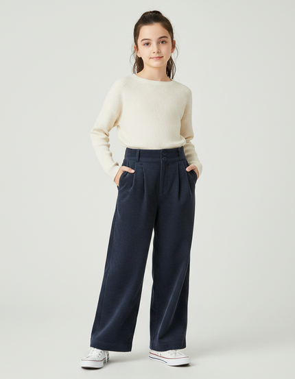 Pantalon À Pince Bleu Marine Côtelé Ample Décontracté - Cordé