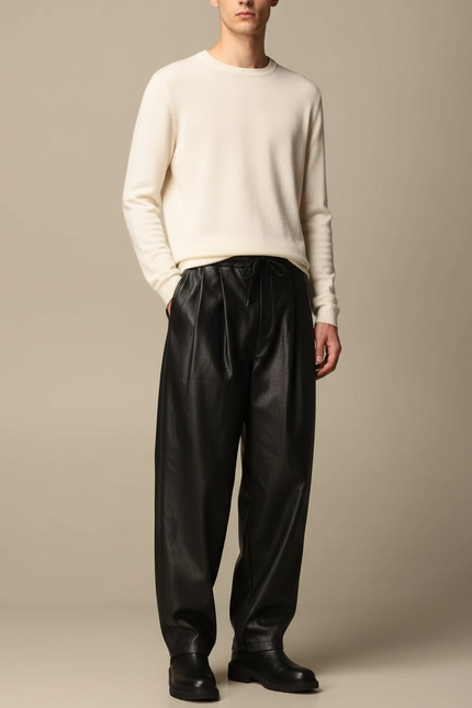 Pantalon À Pince Noir Ample Cuir Streetwear Homme