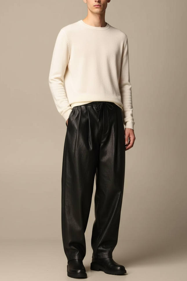 Pantalon À Pince Noir Ample Cuir Streetwear Homme
