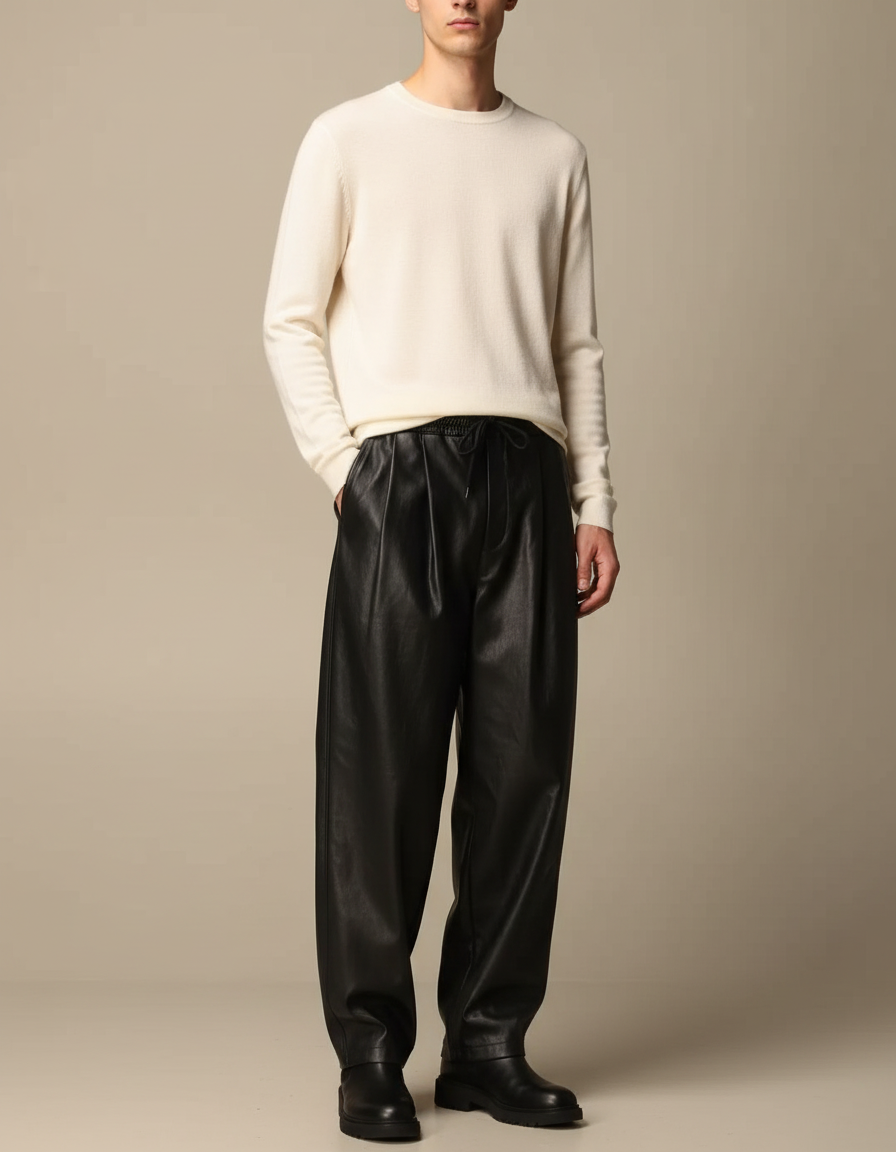 Pantalon À Pince Noir Ample Cuir Streetwear Homme