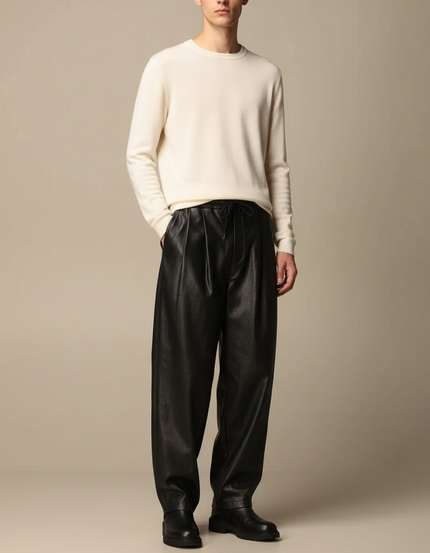 Pantalon À Pince Noir Ample Cuir Streetwear Homme