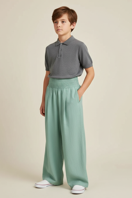 Pantalon À Pince Vert Ample Plissé Confortable - Lin