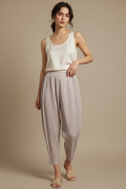 Pantalon À Pince Plissé Ample Beige Élégant Femme - Polyester