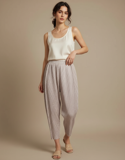 Pantalon À Pince Plissé Ample Beige Élégant Femme - Polyester
