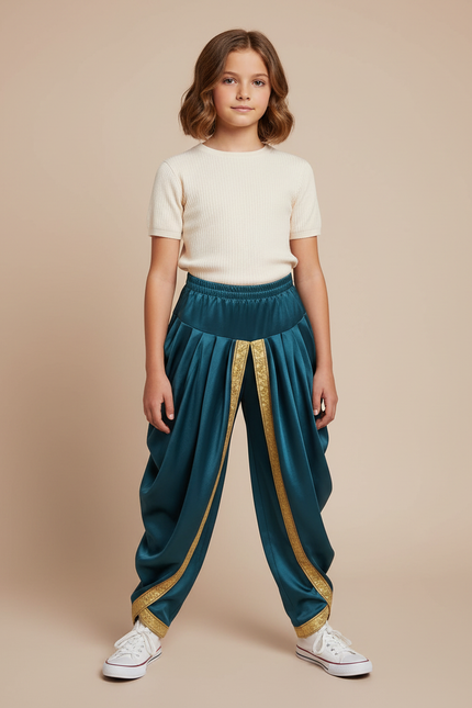Pantalon À Pince Vert Satiné Ample Doré Enfant
