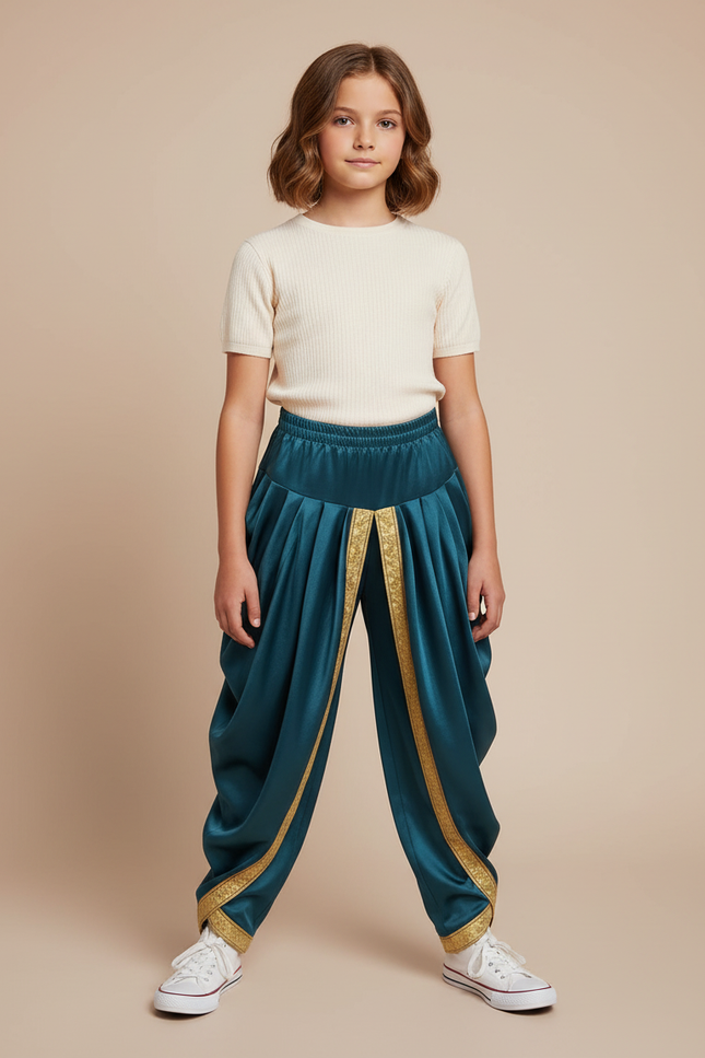 Pantalon À Pince Vert Satiné Ample Doré Enfant