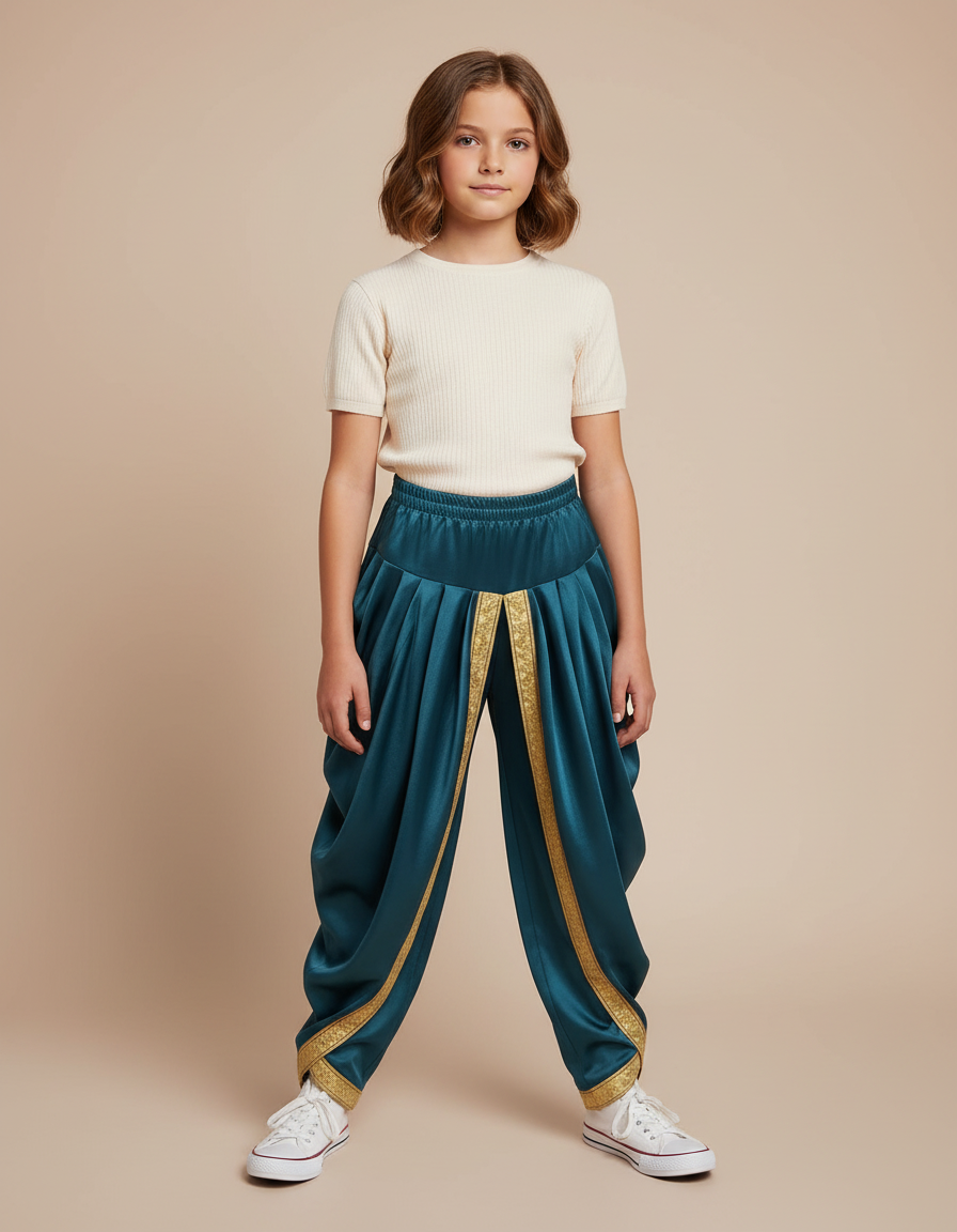 Pantalon À Pince Vert Satiné Ample Doré Enfant