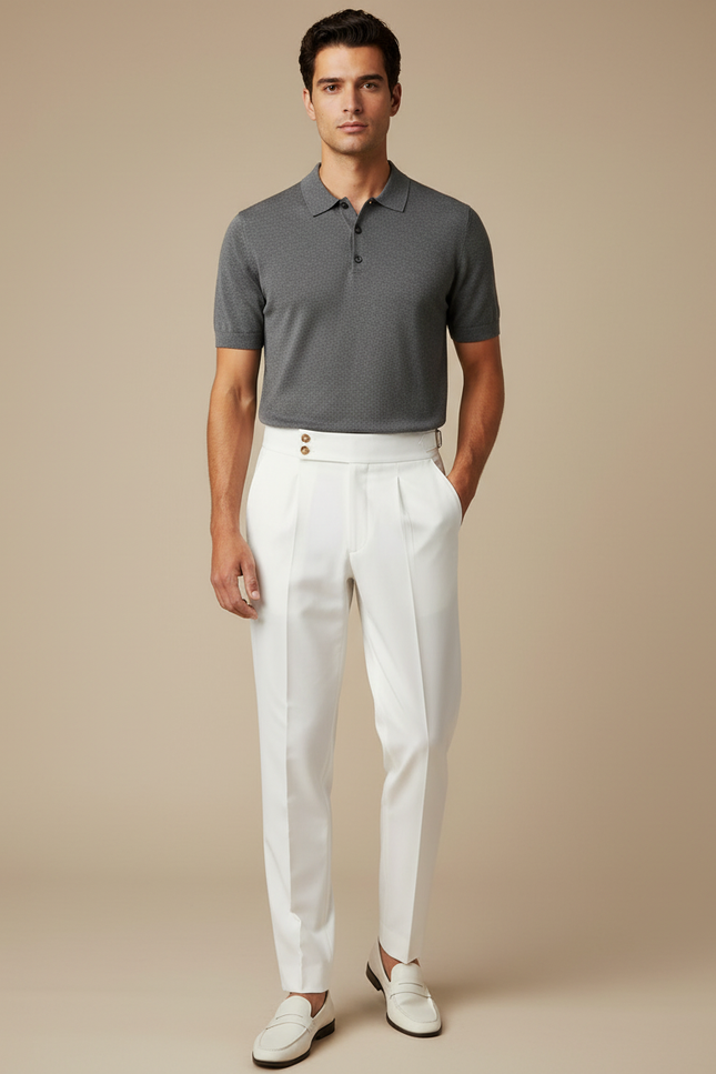 Pantalon À Pince Blanc Cassé Plissé Élégant Slim Homme - Gabardine